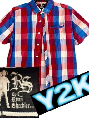 RYAN SHECKLER Red White Blue Plaid Short Sleeve Button-Up Shirt Size L Vintage